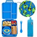 MAISON HUIS Bento Lunch Box for Kids With 8oz Soup Thermos, Leakproof Lunch Compartment Containers with 4 Compartment Bento Box, Thermos Food Jar and Lunch Bag, BPA Free,Travel, School(Alien in Space)