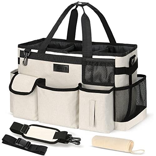 Cleaning Caddy Organizer with Handle - Large Caddy Bag for House & Bathroom Cleaning Supplies, 15 x 8 x 10.5 inches Cleaning Supply Caddy, Housekeeping Tote with Adjustable Strap - Beige