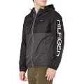 Tommy Hilfiger Men's Lightweight Active Water Resistant Hooded Rain Jacket, Black/Charcoal Colorblock, Large