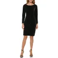 DKNY Women's Long Sleeve V-Neck Side Ruched Sheath with Hardware Dress, Black, 8