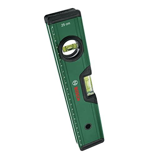 Bosch Home & Garden Spirit Level 25 cm (Precise Alignment with 2x Fluorescent Bubbles for Horiziontal and Vertical Reading; Metric Scale; Aluminum Body, Softgrip Bumpers; V-Groove)