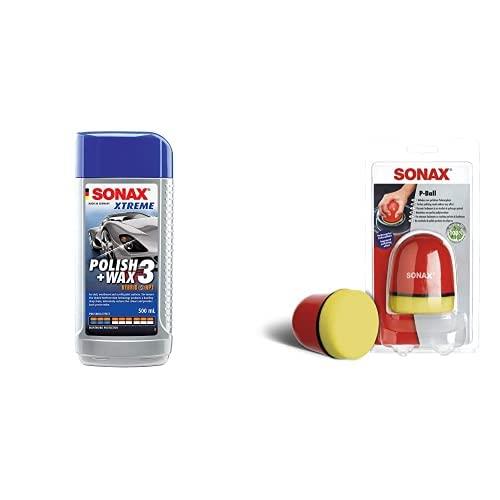 SONAX Xtreme Polish + Wax 3 hybrid NPT Car Care (500ml) + P-Ball Polishing Applicator with Handle - Car Wax Bundle for faded/oxidised paint
