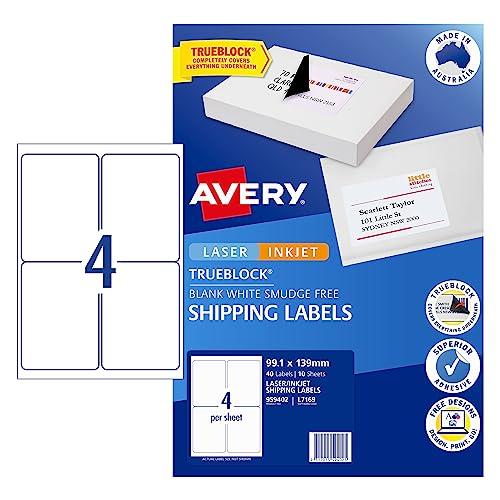 Avery Trueblock A4 Labels for Laser & Inkjet Printers - Printable Packaging, Shipping & Address Labels - Mailing Stickers - White, 99.1 x 139 mm, 40 Labels / 10 Sheets (959402 / L7169)
