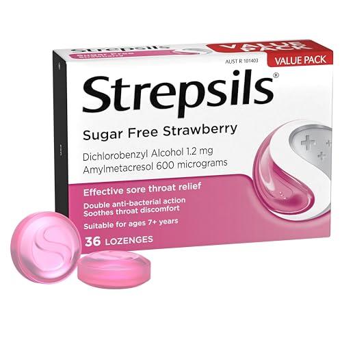Strepsils Sugar Free Sore Throat Lozenges Pain Relief, Double Antibacterial, Strawberry, 36 Pack