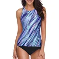 Holipick Two Piece Tankini Swimsuits for Women Tummy Control Bathing Suits High Neck Halter Swim Tank Top with Shorts, Blue Black Striped, XX-Large