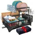 Godboat Dish Drying Rack, 2-Tier Dish Racks for Kitchen Counter, Dish Rack with Drainboard and Dryer Mat, Dish Drainer with Glass & Utensil Holder, Gifts and Gadgets for RV and Camping (Black)
