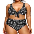 Yonique Women Plus Size Two Piece Swimsuits High Waisted Bikini Set Tie Knot Bathing Suits Tummy Control Swimwear, Black and White Moon 02, 14 Plus