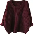 Alinfu Women's Casual Unbalanced Crew Neck Knit Sweater Loose Pullover Cardigan (Burgundy)