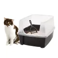 IRIS USA Large Open Top Cat Litter Tray with Scoop and Scatter Shield, Sturdy Easy to Clean Open Air Kitty Litter Pan with Tall Spray and Scatter Shield, Black