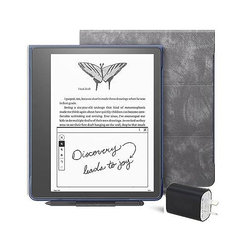 Kindle Scribe Essentials Bundle including Kindle Scribe (64 GB), Premium Pen, Brush Print Leather Folio Cover with Magnetic Attach - Storm Grey, and Power Adapter