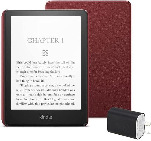 Kindle Paperwhite Essentials Bundle including Kindle Paperwhite (16 GB), Amazon Leather Cover - Merlot, and Power Adaptor