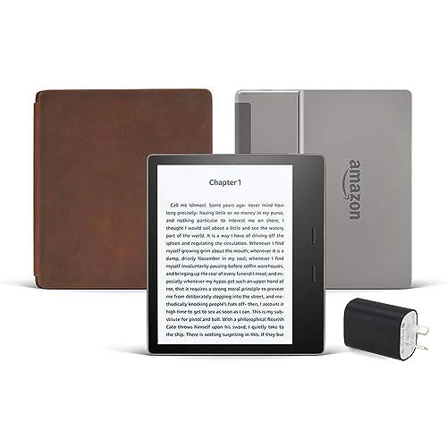 Kindle Oasis Essentials Bundle including Kindle Oasis (32 GB + Free 4G LTE), Amazon Premium Leather Cover - Rustic, and Power Adapter