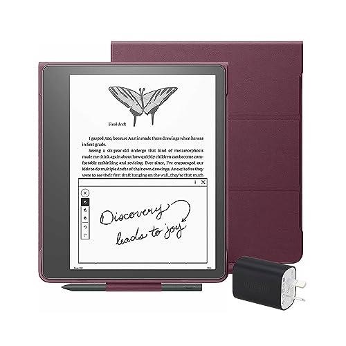 Kindle Scribe Essentials Bundle including Kindle Scribe (64 GB), Premium Pen, Leather Folio Cover with Magnetic Attach - Burgundy, and Power Adapter
