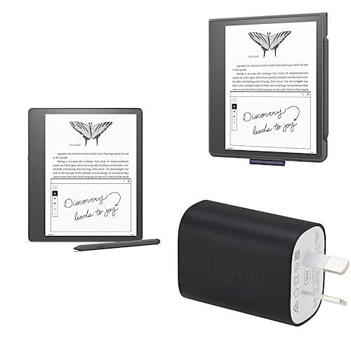 Kindle Scribe Essentials Bundle including Kindle Scribe (64 GB), Premium Pen, Fabric Folio Cover with Magnetic Attach - Denim, and Power Adapter