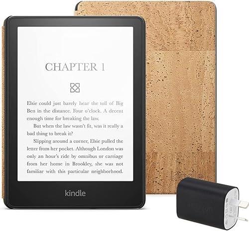Kindle Paperwhite Essentials Bundle including Kindle Paperwhite (16 GB), Amazon Cork Cover - Light, and Power Adaptor