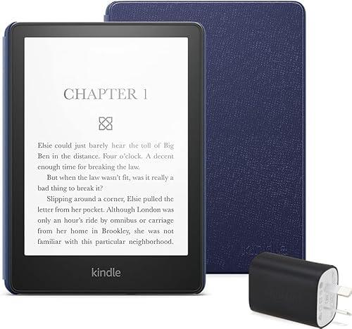 Kindle Paperwhite Essentials Bundle including Kindle Paperwhite (16 GB), Amazon Leather Cover - Deep Sea Blue, and Power Adaptor