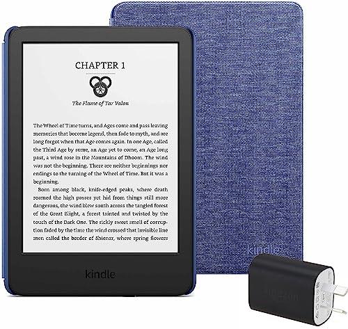 Kindle Essentials Bundle including Kindle (2022 release) - Black, Amazon Fabric Cover - Denim, and Power Adaptor