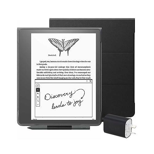 Kindle Scribe Essentials Bundle including Kindle Scribe (32 GB), Premium Pen, Leather Folio Cover with Magnetic Attach - Black, and Power Adapter
