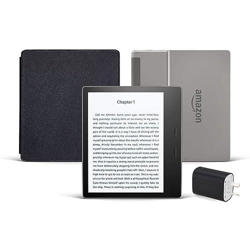 Kindle Oasis Essentials Bundle including Kindle Oasis (32 GB + Free 4G LTE), Amazon Leather Cover - Black, and Power Adapter