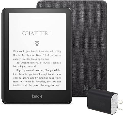 Kindle Paperwhite Essentials Bundle including Kindle Paperwhite (16 GB), Amazon Fabric Cover - Black, and Power Adaptor