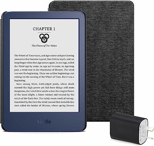 Kindle Essentials Bundle including Kindle (2022 release) - Denim, Amazon Fabric Cover - Black, and Power Adaptor