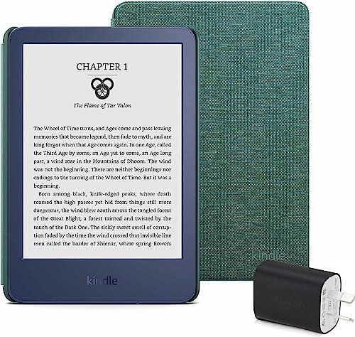 Kindle Essentials Bundle including Kindle (2022 release) - Denim, Amazon Fabric Cover - Dark Emerald, and Power Adaptor