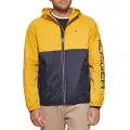 Tommy Hilfiger Men's Lightweight Active Water Resistant Hooded Rain Jacket, Yellow/Navy Colorblock, X-Large
