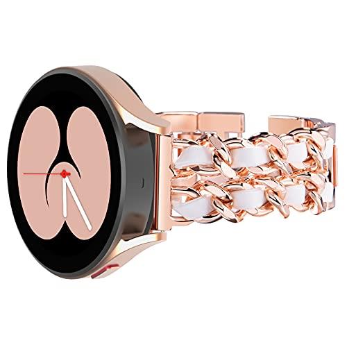 Surace Compatible with Galaxy Watch 4 Band 40mm 44mm, Women Bracelet Replacement for Samsung Galaxy Watch 5 Band Galaxy Watch Active 2 Bands Smart Watch, Rose Gold Link with White Leather
