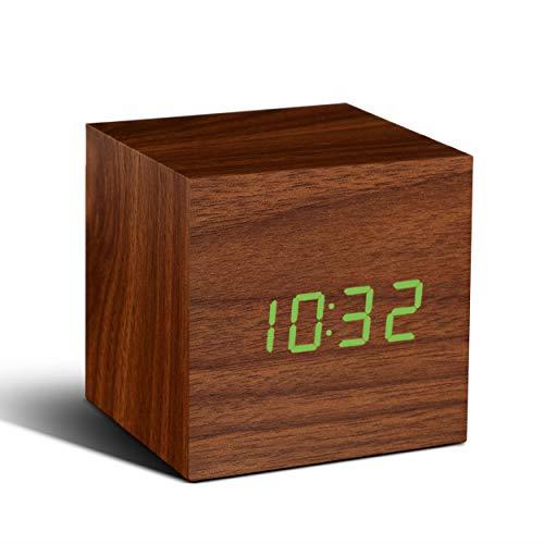 Gingko Cube Walnut Click Clock with Green LED, Brown