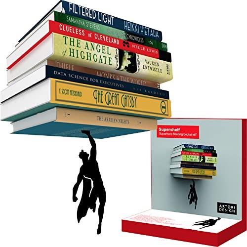 Artori Design Supershelf | Black Metal Superhero Floating Bookshelf | Concealed | Hidden Shelf | Unique Book Shelves | Gifts for Geeks | Gifts for Book Lovers | Cool Book Stacker Stopper