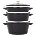 STAUB Cast Iron Set 4-pc, Stackable Space-Saving Cookware Set, Dutch Oven, Cast Iron Skillet, Cast Iron Grill Pan with Universal Lid, Made in France, Matte Black (14552623)