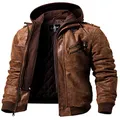 FLAVOR Men Brown Leather Motorcycle Jacket with Removable Hood … (Medium Tall, Brown)