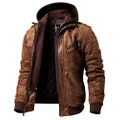 FLAVOR Men Brown Leather Motorcycle Jacket with Removable Hood … (Medium Tall, Brown)