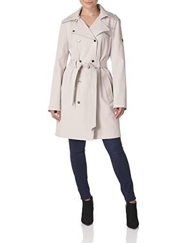 Calvin Klein Women's Double Breasted Belted Rain Jacket with Removable Hood, Oyster, X-Large