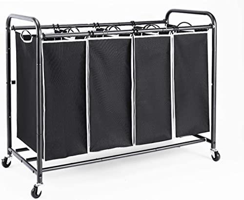 ROMOON 4 Bag Laundry Sorter Cart, Laundry Hamper Sorter with Heavy Duty Rolling Wheels for Clothes Storage, Black
