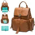 MOMINSIDE Diaper Bag Backpack, Leather Backpack for Women, Travel Baby Bag with 14 Pockets, Baby Registry Search, Large Capacity, Wet Dry Bag, Changing Pad, 4 Insulated Pockets (Brown)