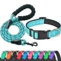 Ladoogo Reflective Dog Collar Padded with Soft Neoprene Breathable Adjustable Nylon Dog Collars for Small Medium Large Dogs (Collar+Leash S Neck 12"-16", Blue)