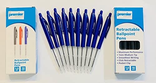 Premier Stationery Clic Retractable Ballpoint Pen, Blue - Box of 10. 1.0MM Medium Tip, Smooth Writing Office Supplies, ball point pens for writing on paper, cardboard and other surfaces