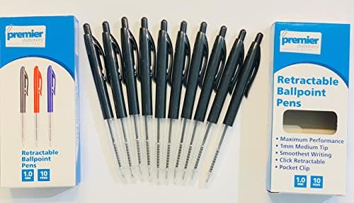 Premier Stationery Clic Retractable Ballpoint Pen, Black - Box of 10. 1.0MM Medium Tip, Smooth Writing Office Supplies, ball point pens for writing on paper, cardboard and other surfaces