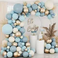 BENWIL Dusty Baby Blue Balloons Balloon Arch Garland Kit,Sand White Metallic Gold Dusty Slate Fog Baby Blue Balloons for Boy Baby Shower Bridal Shower Birthday Party Decorations for Boy Men