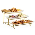 LAUCHUH 3 Tier Serving Stand with Porcelain Serving Platter Tier Serving Trays with Collapsible Sturdier Rack, Serving Dishes and Platters, Gold, 12 Inch
