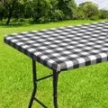 smiry Rectangle Table Cloth Cover, Elastic Waterproof Fitted Vinyl Table Covers for 4 FT Tables, Flannel Backed Buffalo Plaid Tablecloth for Picnic, Camping, Outdoor (Black and White, 30 x 48 Inches)