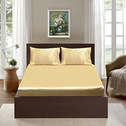Ramesses Casablanca Premium Silken Touch Satin Fitted Sheet Combo Set, Double, Champagne