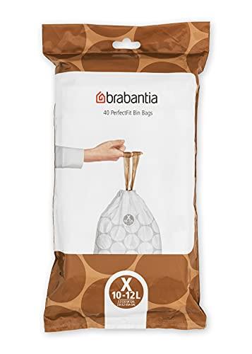Brabantia PerfectFit Bin Liners (Size X/10-12 Litre) Thick Plastic Trash Bags with Tie Tape Drawstring Handles (40 Bags), White (138041)