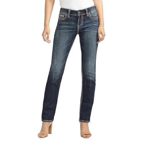Silver Jeans Co. Women's Plus Size Suki Mid Rise Straight Leg Jeans, Vintage Dark Wash with Lurex Stitch, 36W x 32L