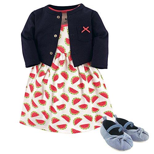 HUDSON BABY Baby Girls' Cotton Dress, Cardigan and Shoe Set, Watermelon, 3-6 Months