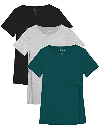 Sosolism Women's Maternity Nursing Tops Postpartum Tees Breastfeeding Shirts, Green/Light Grey/Black, S