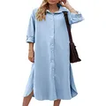 Sopliagon Women Cotton and Linen Shirt Dress Casual Loose Maxi Dresses, Blue, Medium