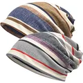 Glamorstar Floral Lace Beanie Hat Chemo Cap Stretch Slouchy Turban Headwear, 2 Packs-Stripe Blue,mesh Grey, One Size