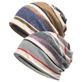 Glamorstar Floral Lace Beanie Hat Chemo Cap Stretch Slouchy Turban Headwear, 2 Packs-Stripe Blue,mesh Grey, One Size